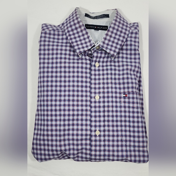 VINTAGE Tommy Hilfiger  Casual Button Up Men's Short Sleeve Shirt Large Purple - Picture 13 of 13